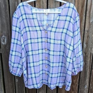Perch Plaid Top Button Front Purple Nwot Boho